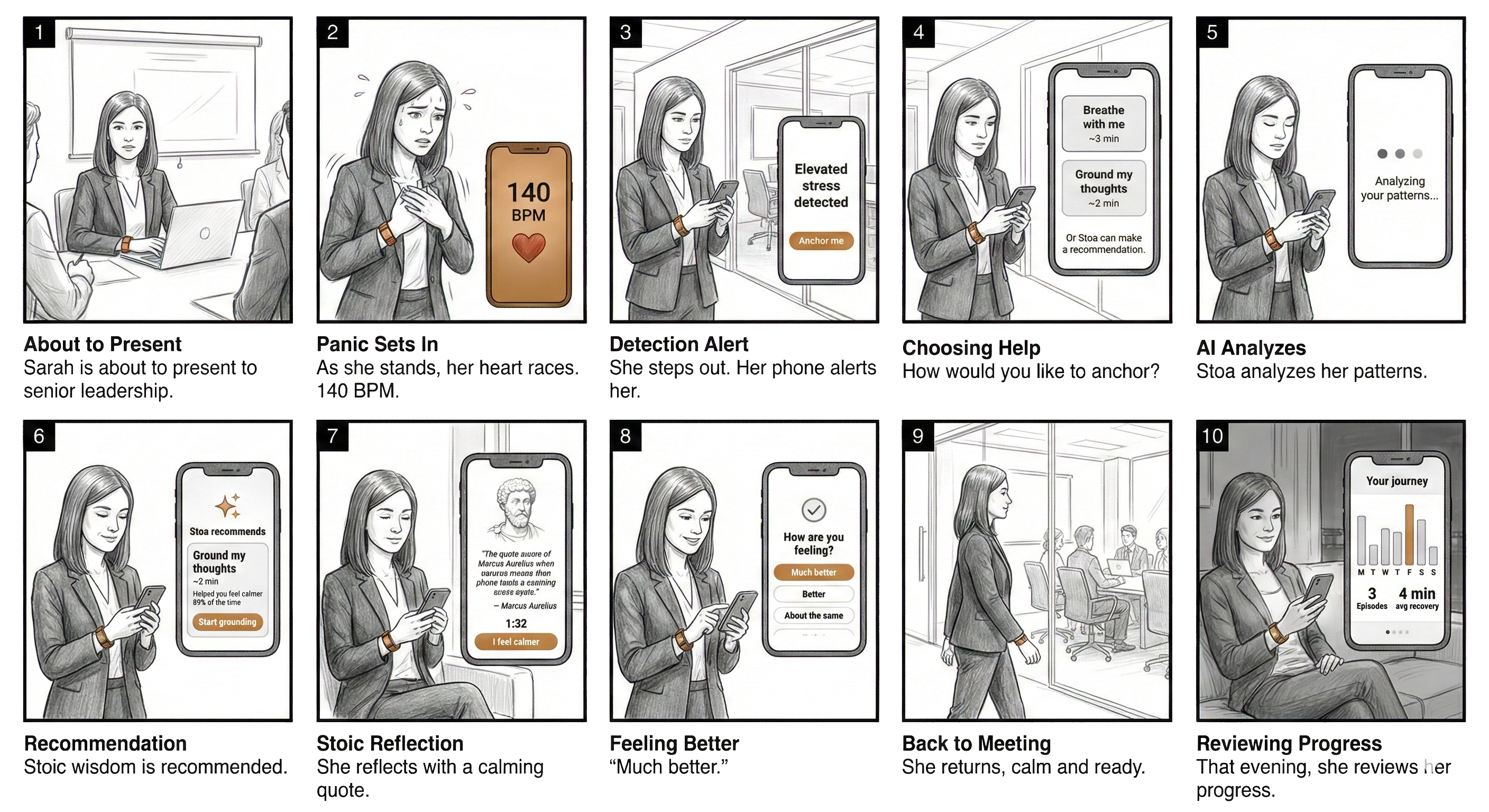 Storyboard: Sarah's story, a panic episode and STOA's intervention.