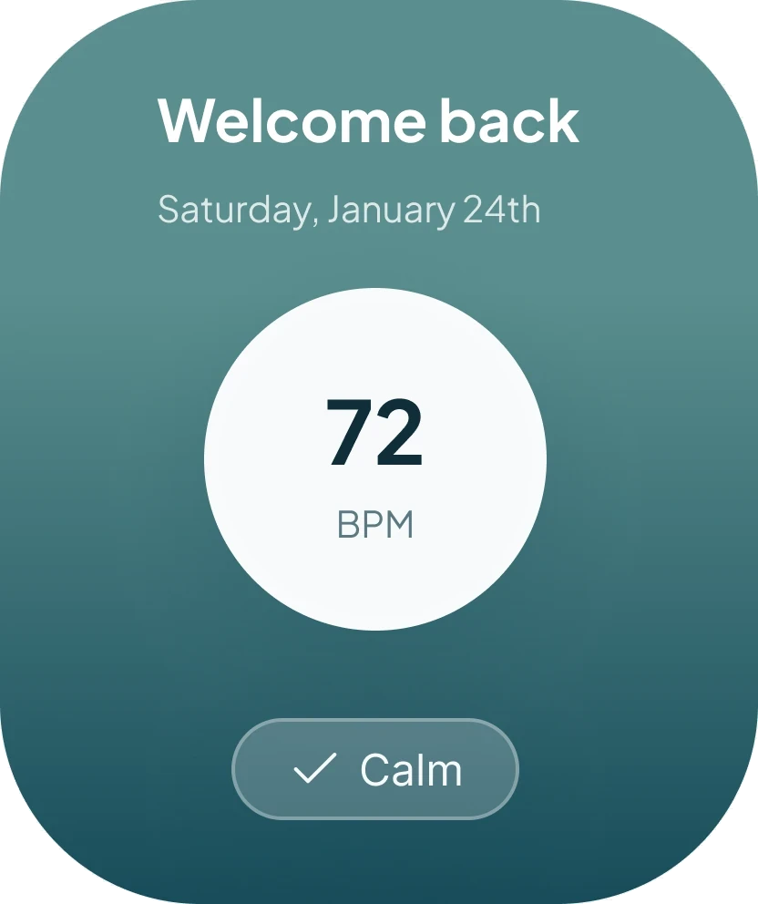 STOA watch face showing 72 BPM and a Calm status