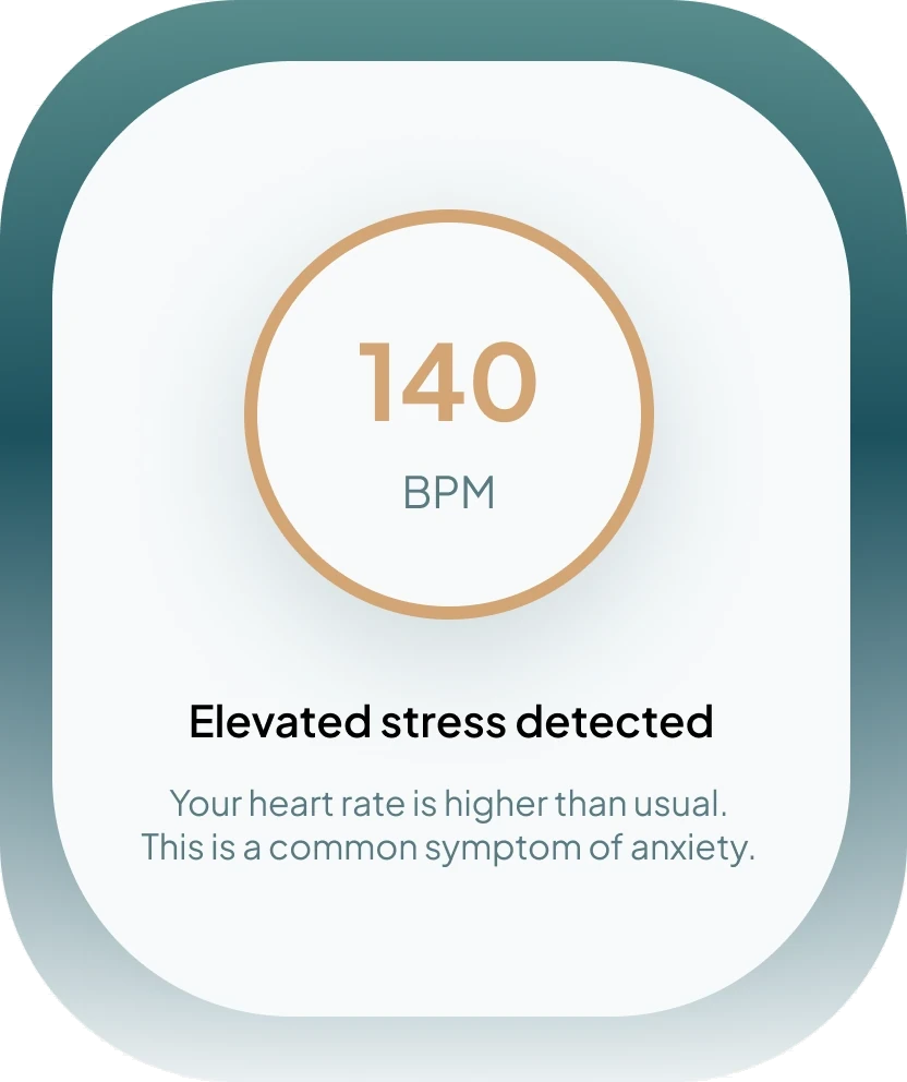 STOA watch face showing 140 BPM and the message Elevated stress detected